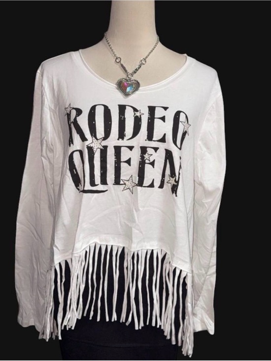 Vocal Tops - Vocal White "Rodeo Queen" Fringe Long Sleeve Tee